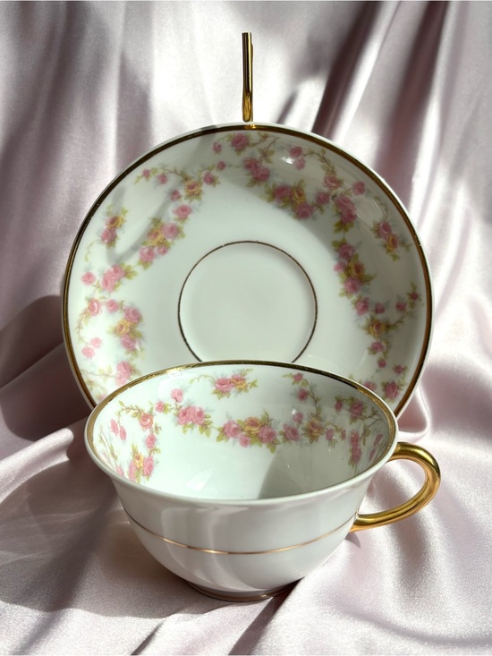 Haviland Limoges Other - Antique Limoges Tea Cup & Saucer in White with Pink Rose Garland and Gold Trim